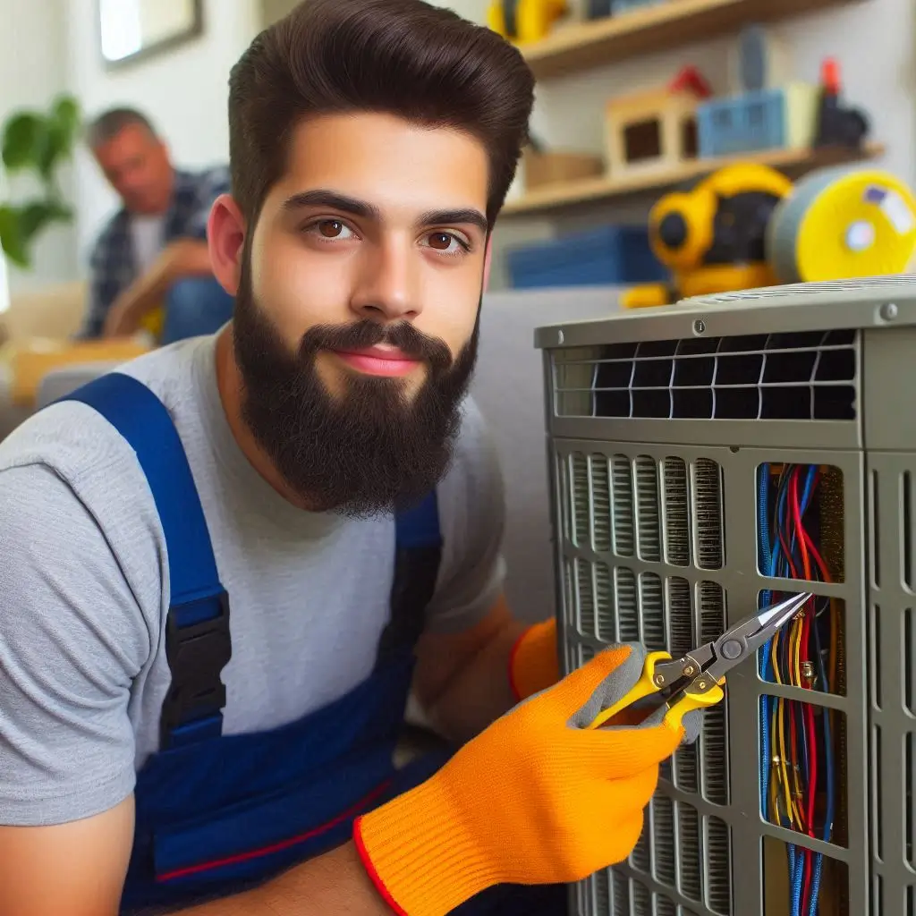 "An HVAC technician performing an AC tune-up during the spring season to ensure optimal performance for the summer."