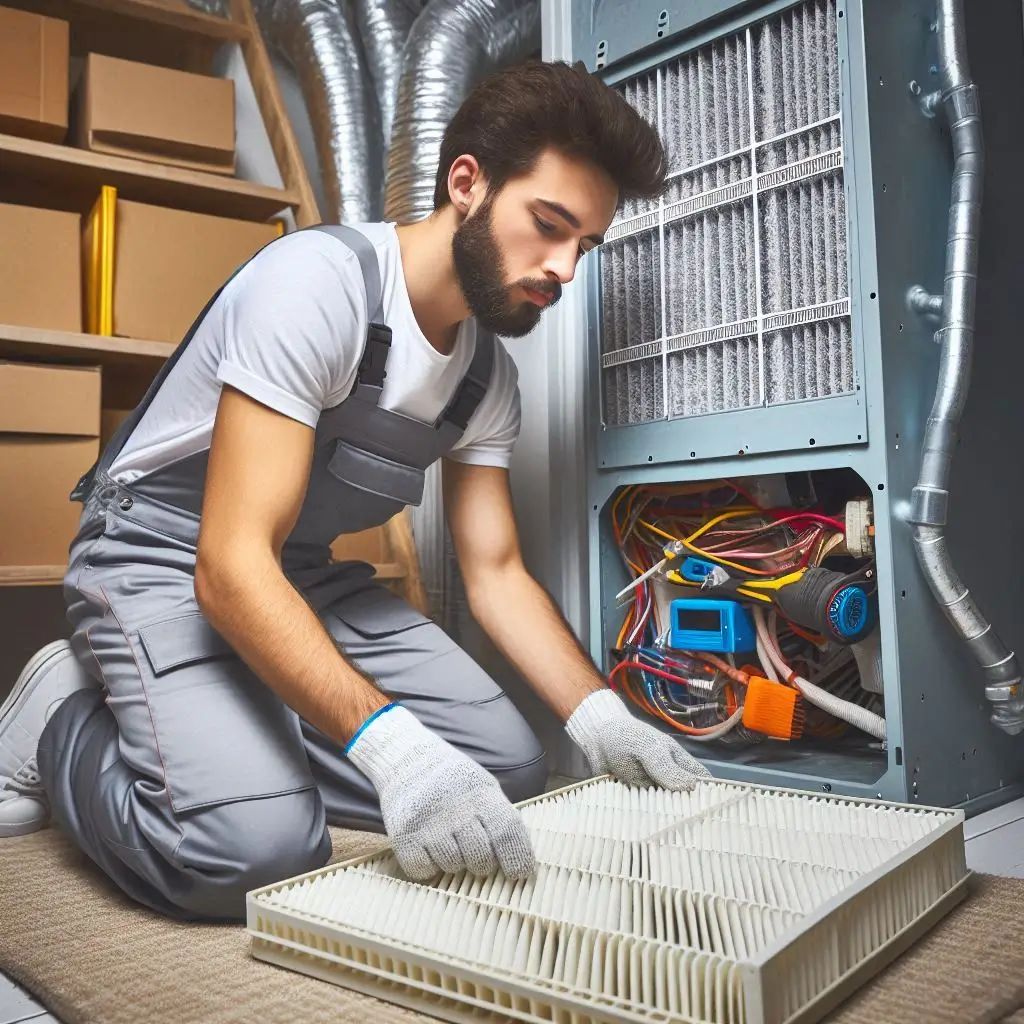 "An HVAC technician cleaning and replacing dirty air filters to improve airflow and efficiency in a heating system"