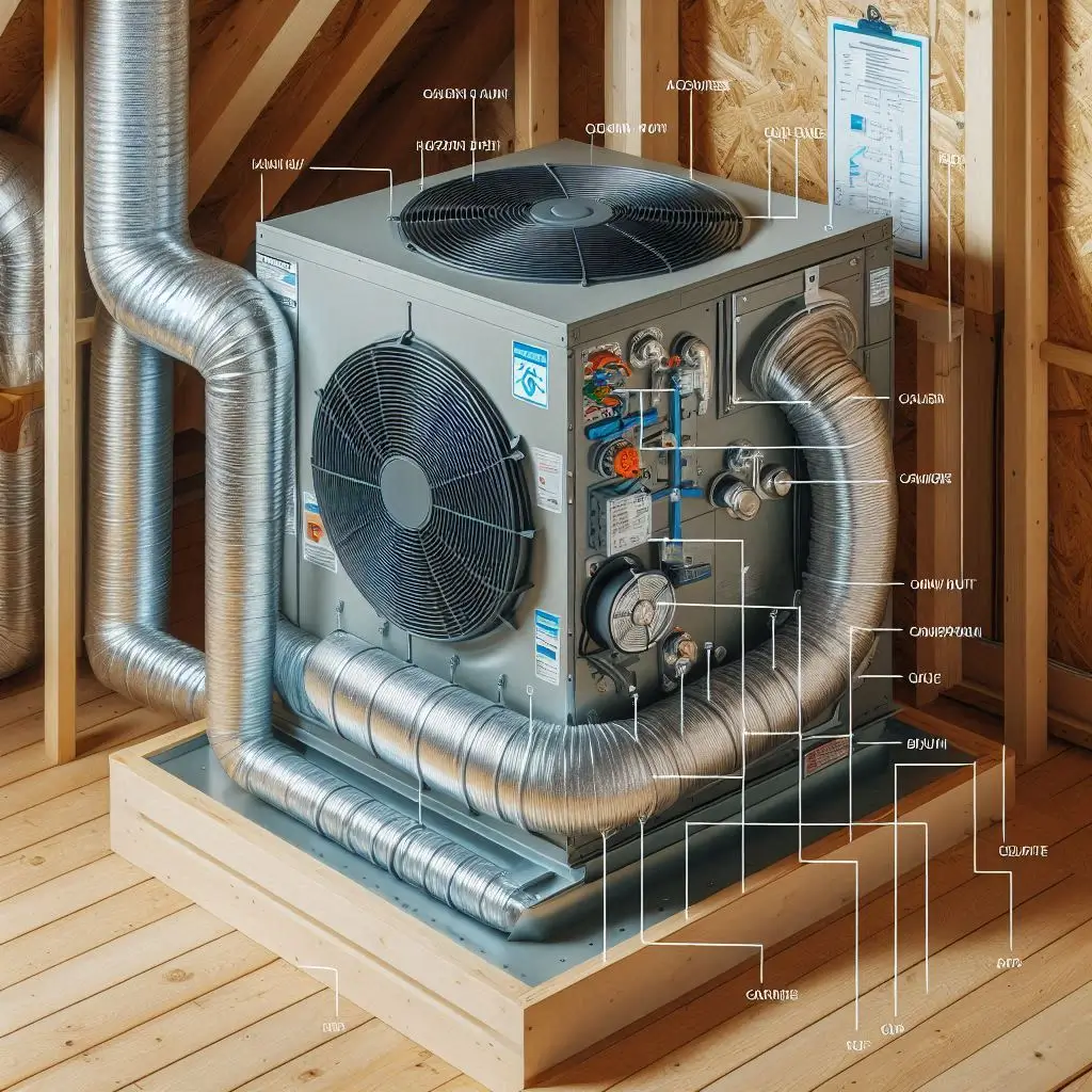 Close-up image of an air handler with ducts and the blower unit in an attic, with labels indicating its components.