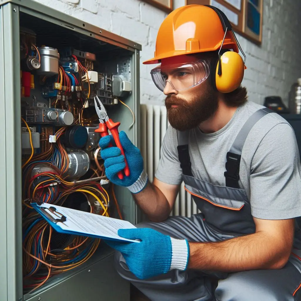 An HVAC technician wearing safety gear, listening closely to an air conditioner while diagnosing a mechanical issue with professional tools.
