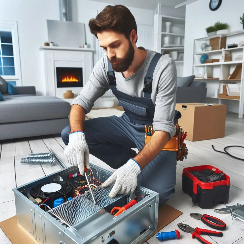 An HVAC technician in uniform installing a modern furnace or heat pump, using specialized tools to secure ductwork connections.