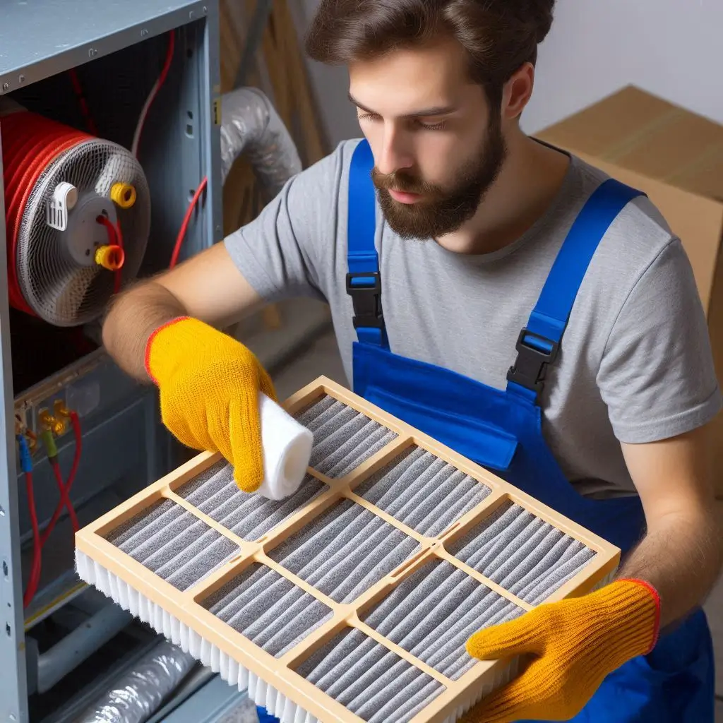 "An HVAC technician cleaning and replacing an air filter for improved energy efficiency"