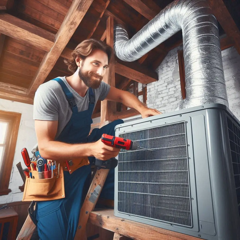 "A technician installing an air conditioner in an older home in Hudson, FL, with an emphasis on ductwork and system upgrade."