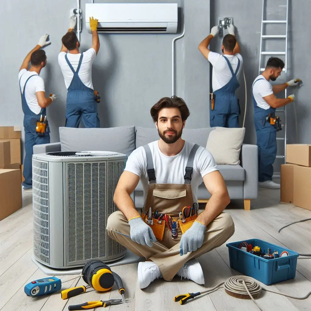 An image showing the installation process of a central air conditioning system, with technicians working on the indoor and outdoor units.