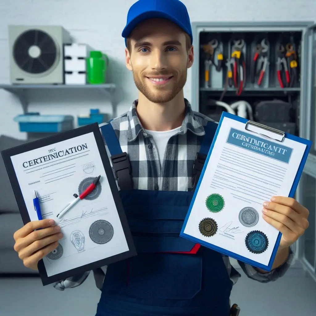 Generate an image of an HVAC technician showing their certifications and credentials on the job, with a focus on expertise and professionalism.