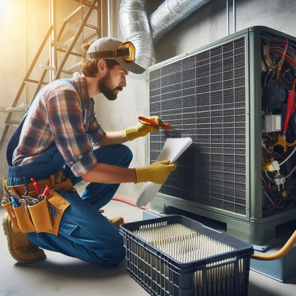 "An HVAC technician performing maintenance on an air conditioning system, cleaning the condenser coils and replacing filters to ensure the system’s efficiency."