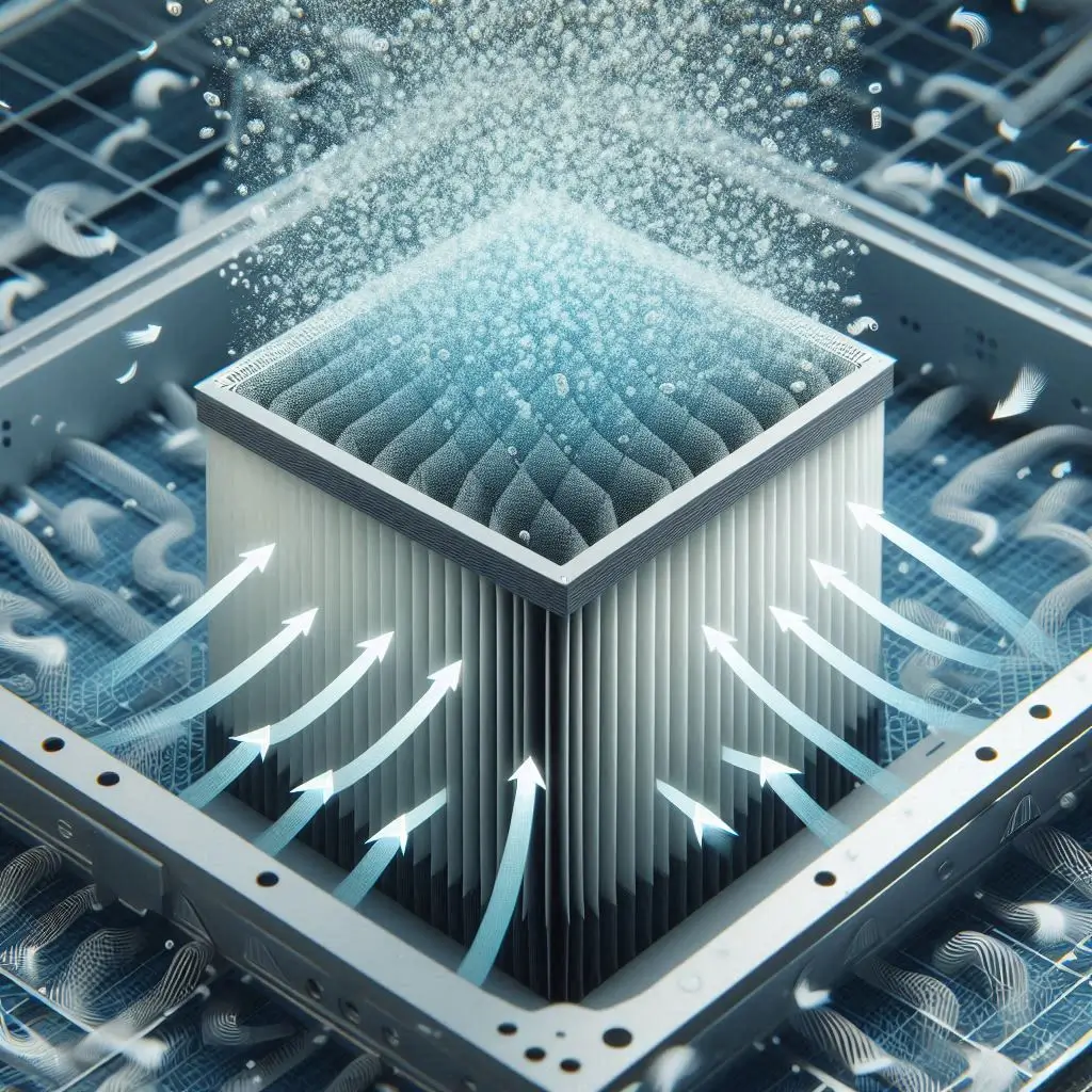 A close-up of a high-efficiency air filter in an HVAC system, with arrows showing airflow and pollutants being captured.