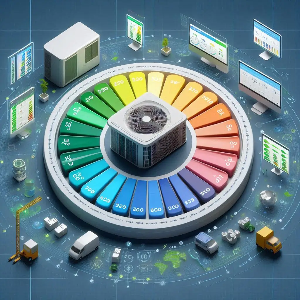 "A graphic showing SEER ratings for various air conditioner models, comparing the energy efficiency of different units."