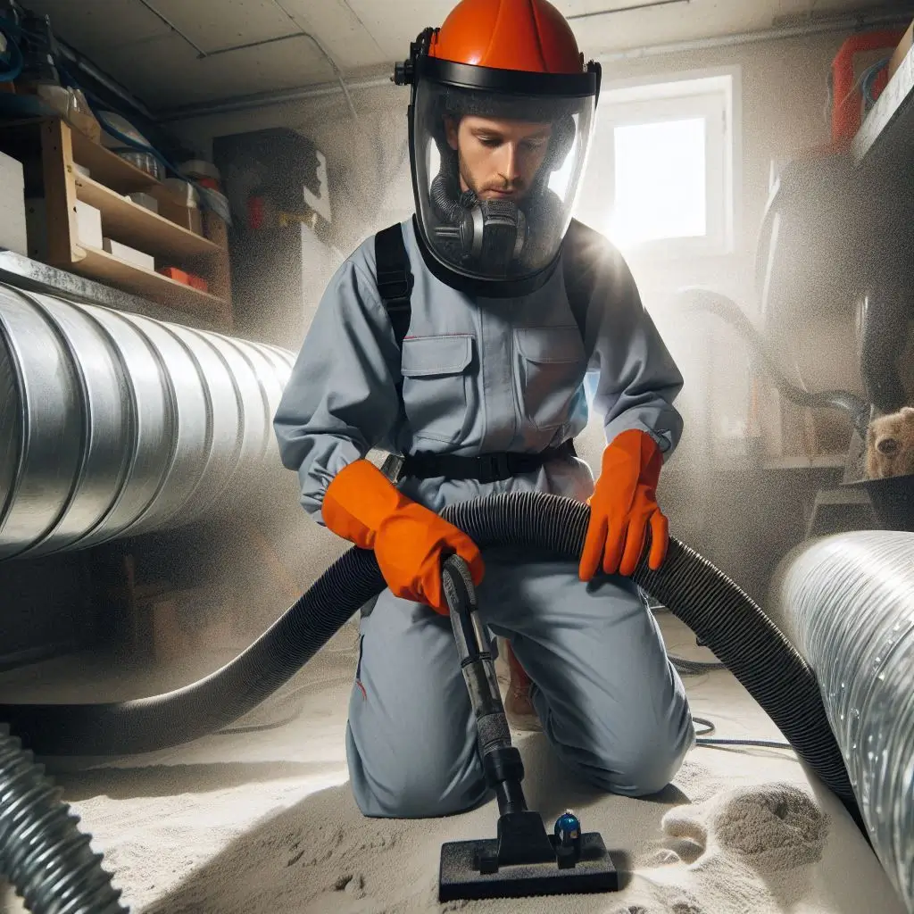 An HVAC technician using specialized vacuum equipment to clean an air duct, removing dust and debris.