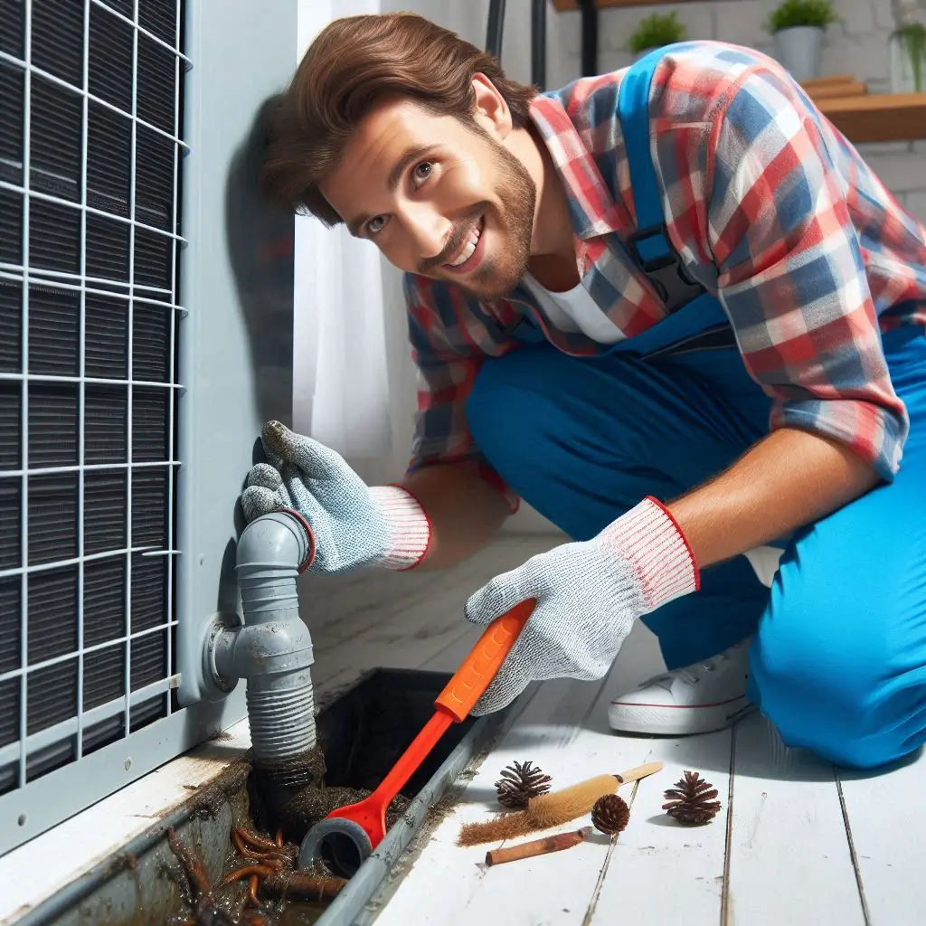 "A homeowner inspecting and cleaning the air conditioner’s drain line to ensure it is clear of debris and prevent potential clogs."