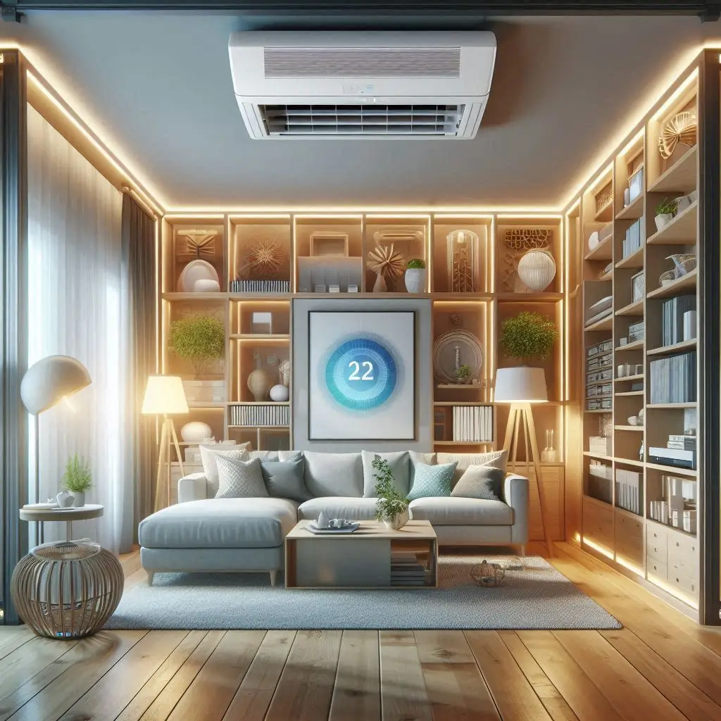 "An indoor view of a well-maintained comfort HVAC system in action, showing a comfortable living room with balanced temperature and efficient airflow."