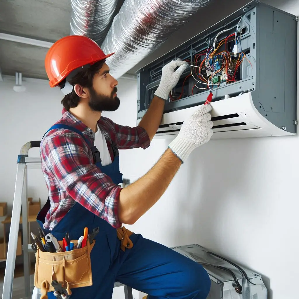 A professional HVAC technician carefully installs an air conditioner, checking ductwork and electrical components to ensure proper function and safety.
