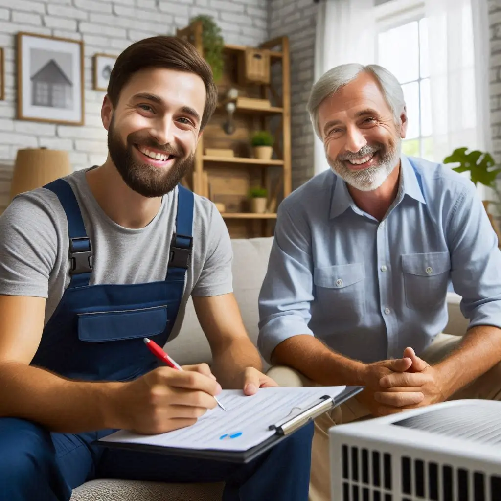 A friendly HVAC technician explaining service options to a smiling homeowner in a well-lit living room, emphasizing transparency and customer satisfaction.