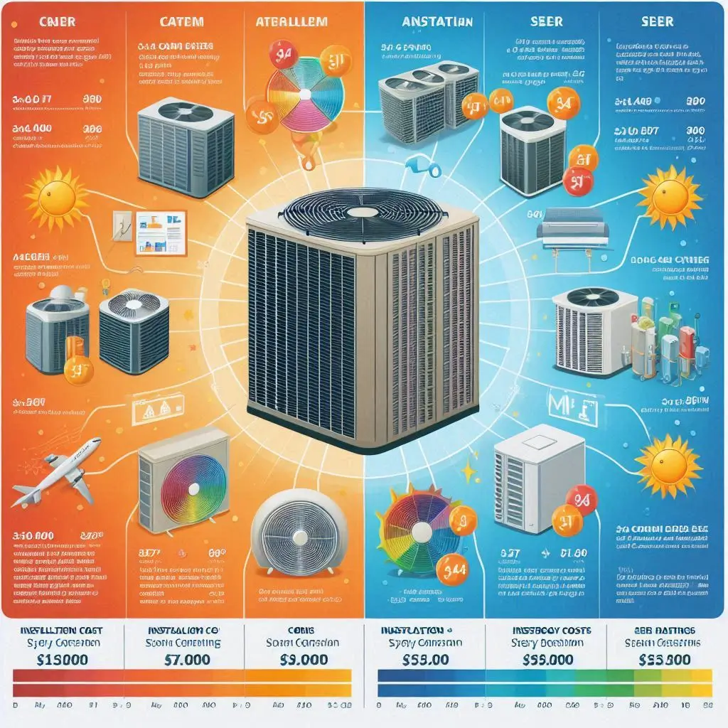 A comparison chart displaying different AC system types with installation costs, SEER ratings, and estimated energy savings.