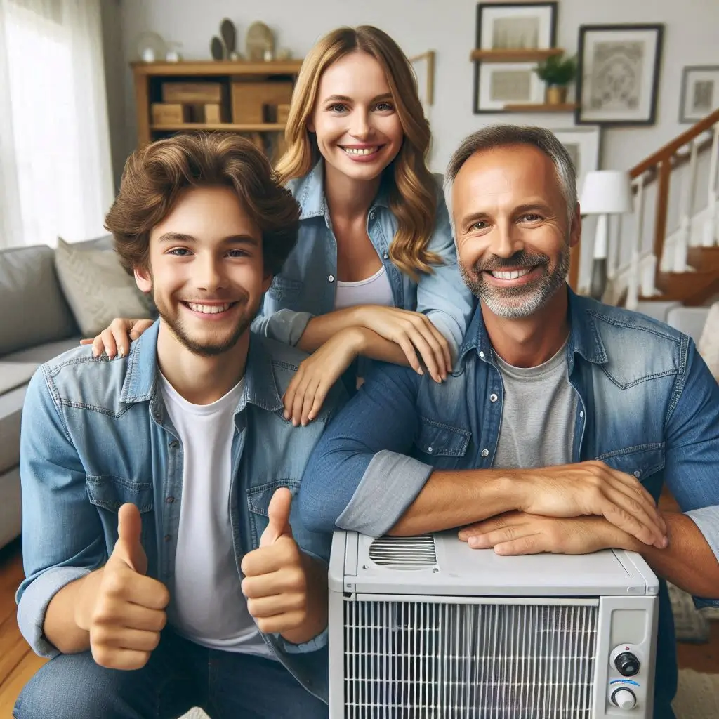 "A smiling family in their Calgary home, with an HVAC system installed by Horizon Heating and Cooling, showing satisfaction and comfort with the service."