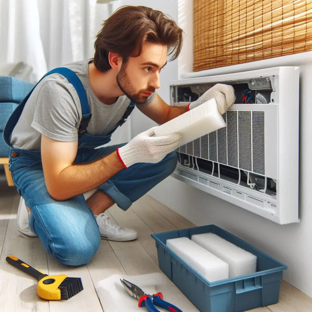 A technician servicing a mini-split indoor unit, cleaning filters and ensuring airflow.