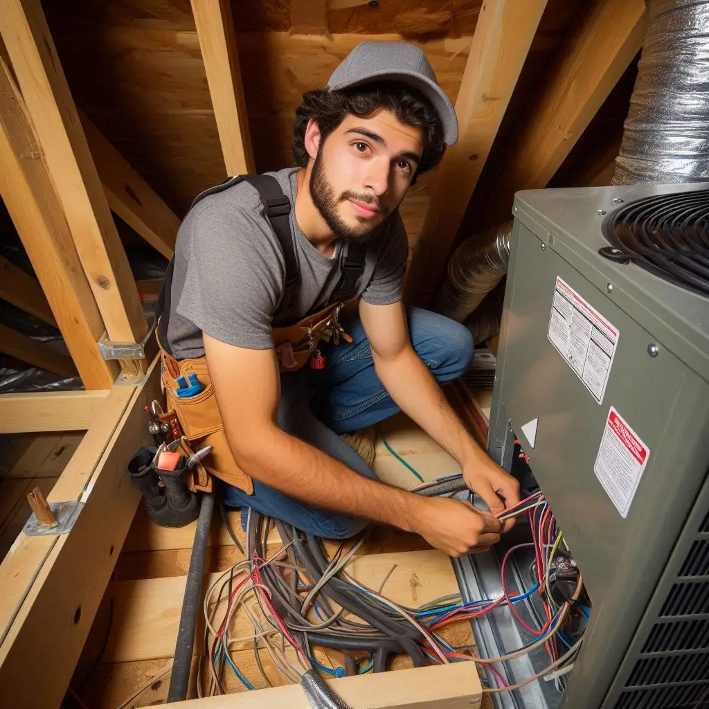 "A technician working in a tight attic space, installing electrical connections and ducts for an air conditioner unit."