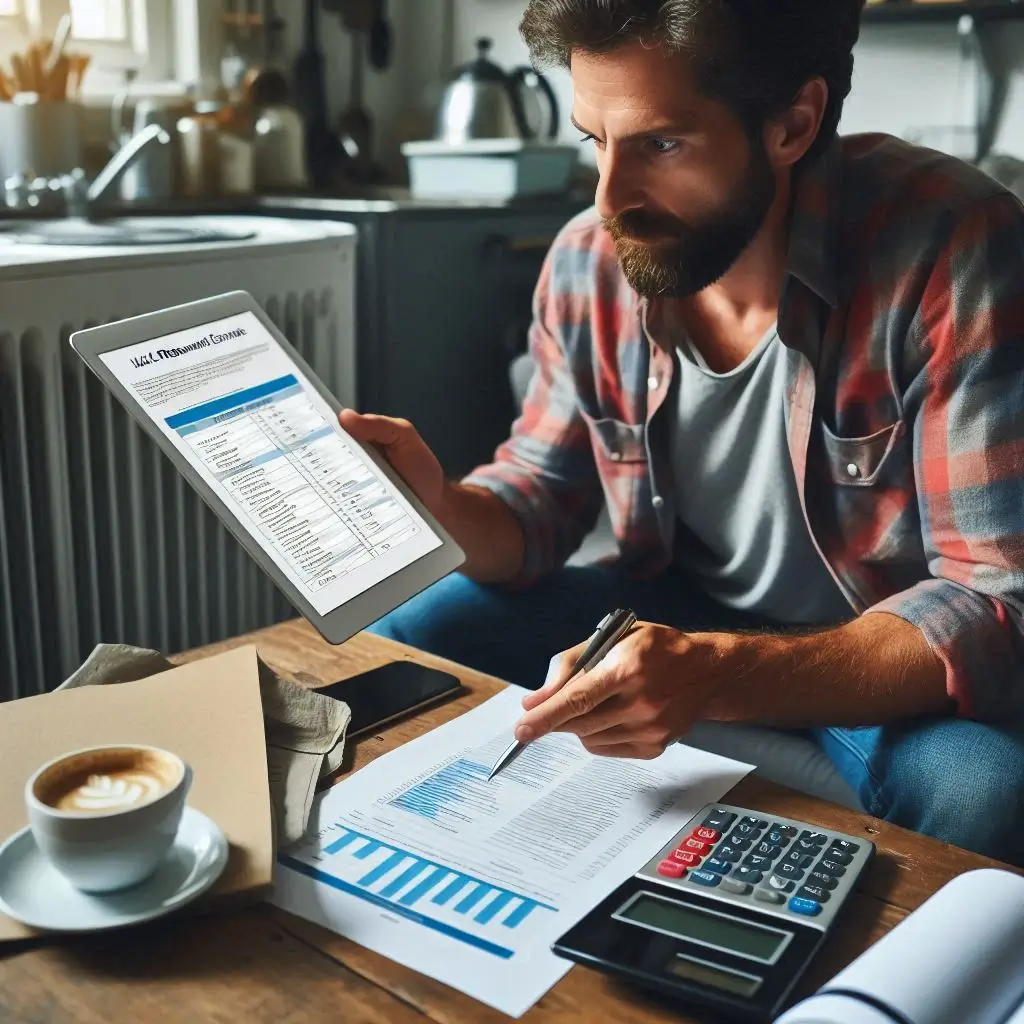 A homeowner reviewing an HVAC replacement estimate with a contractor, showing cost breakdowns on a tablet or paper document.