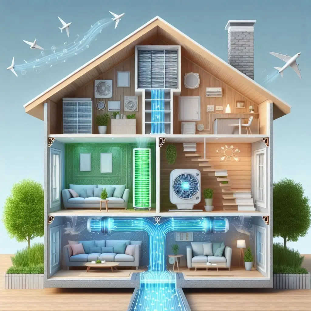 A cross-section illustration of a home with a central HVAC system purifying the air. The image should show airflow moving through air filters, a UV purification system in the ductwork, and vents delivering clean air into different rooms.