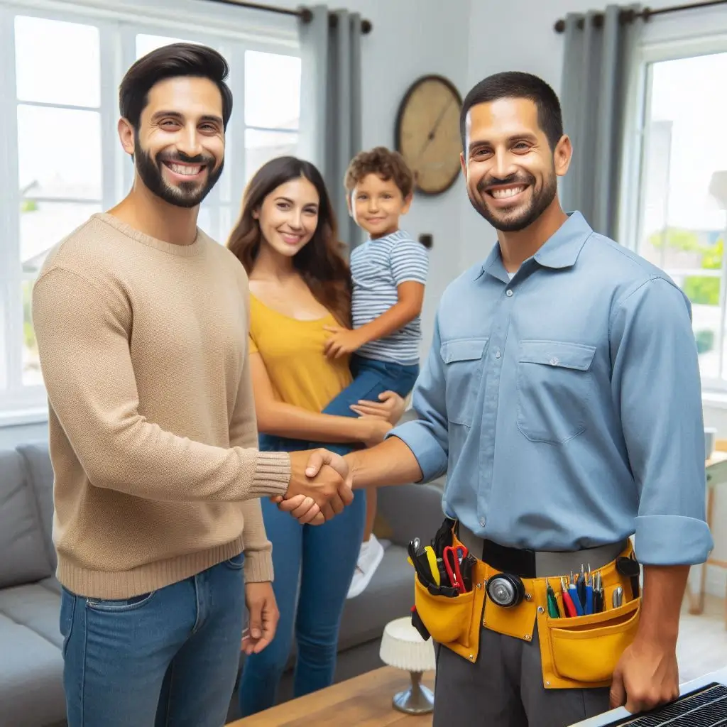 "A happy family or business owner shaking hands with a professional HVAC technician after completing an installation or maintenance service."