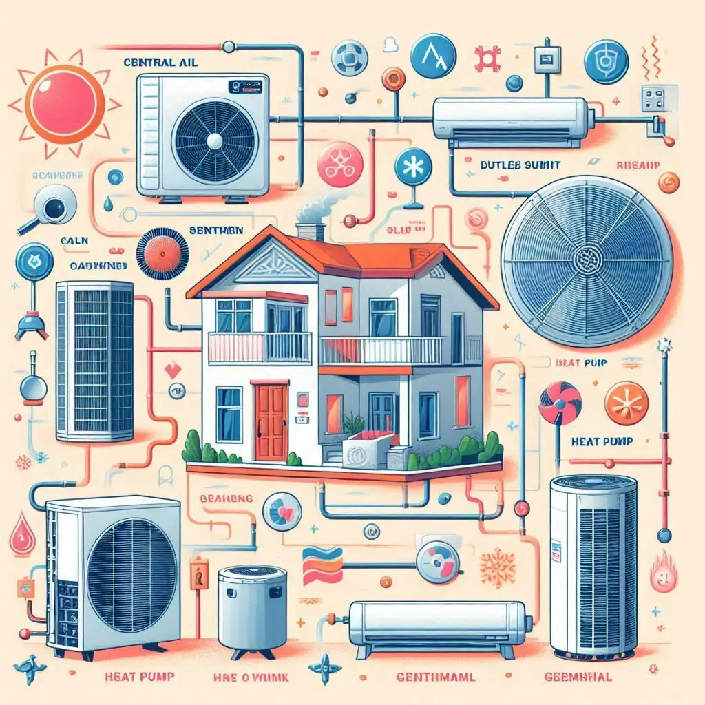 "An illustration showing the various types of comfort HVAC systems, including central air, ductless mini-split, heat pump, and geothermal systems, highlighting their unique features."