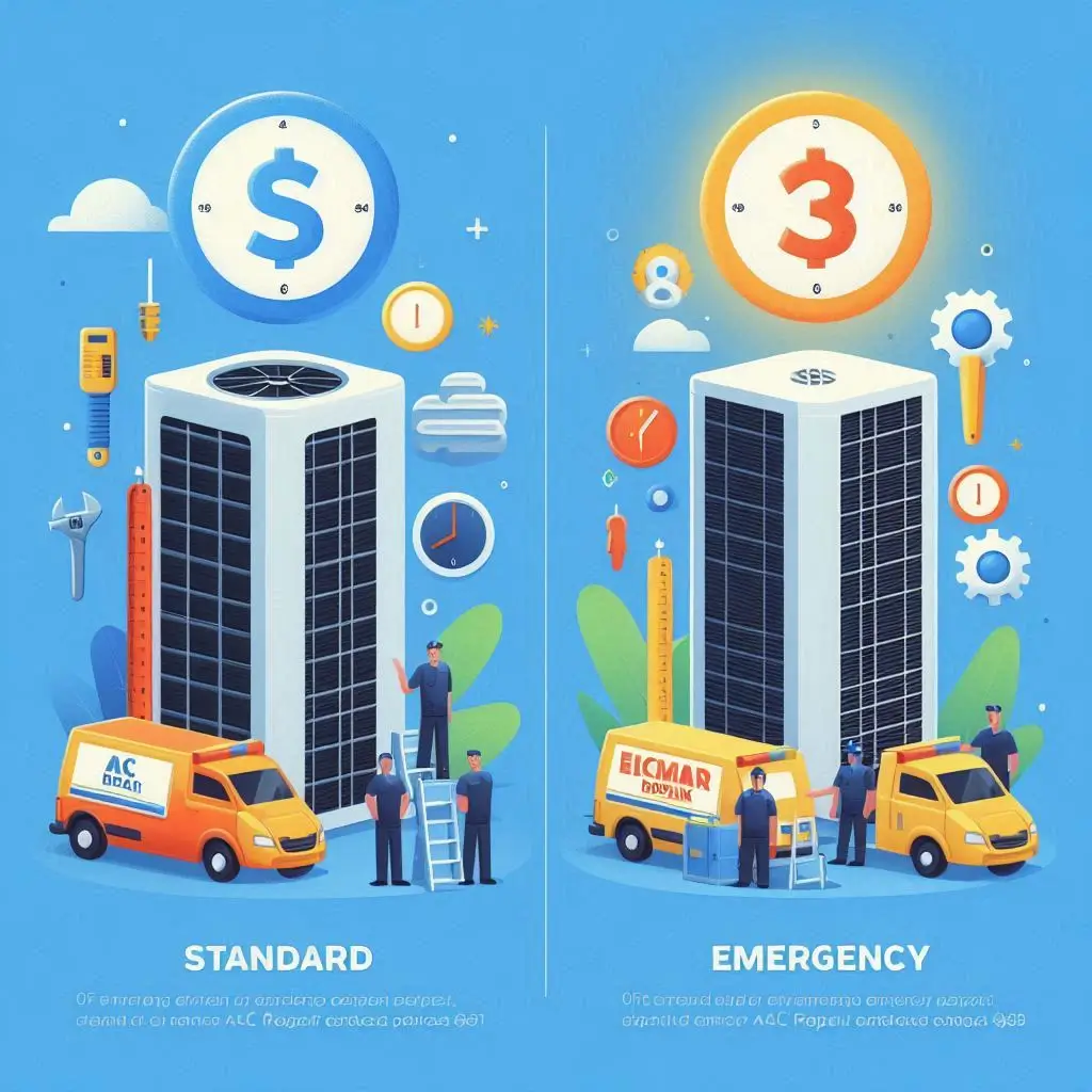 A comparison graphic showing standard vs. emergency AC repair costs, highlighting differences in pricing.