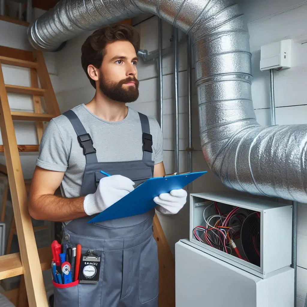 A professional HVAC technician conducting an inspection inside a home, checking ductwork and electrical connections while holding a clipboard.