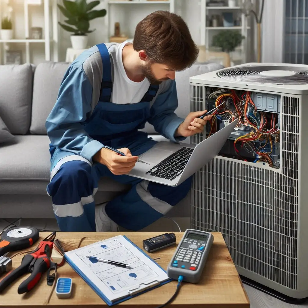 An HVAC technician using diagnostic tools to inspect an air conditioning unit. The setting should depict a home environment with the technician focusing on troubleshooting electrical components and airflow.