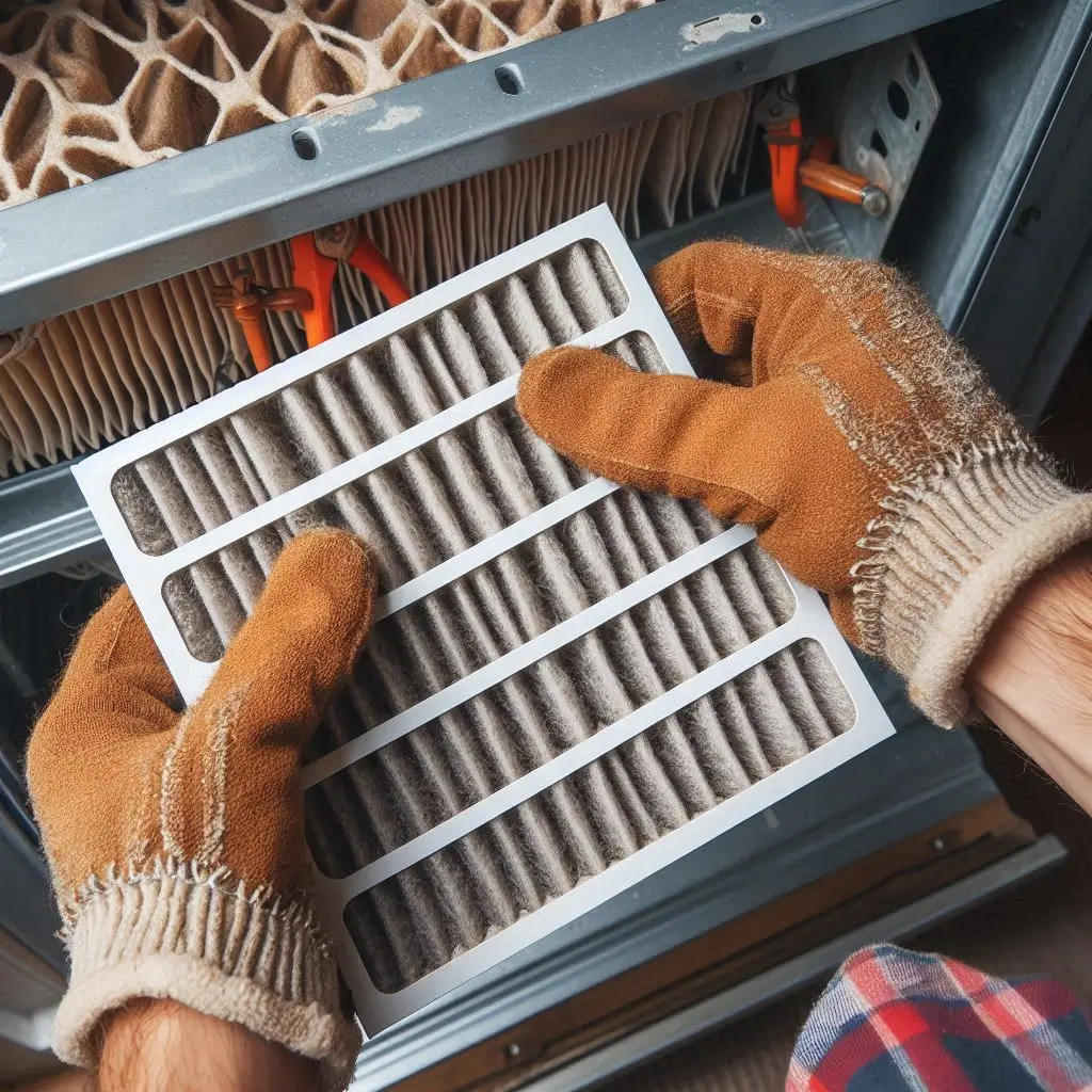 Close-up of an HVAC technician replacing a dirty air filter with a clean one, showing the importance of regular filter changes.