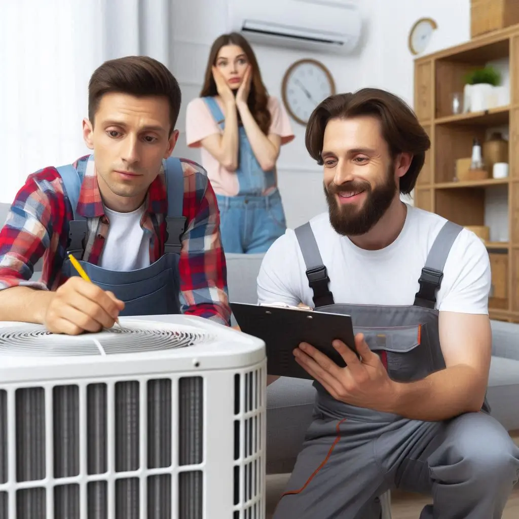 A professional HVAC technician checking an air conditioning unit while the homeowner looks relieved in the background.]