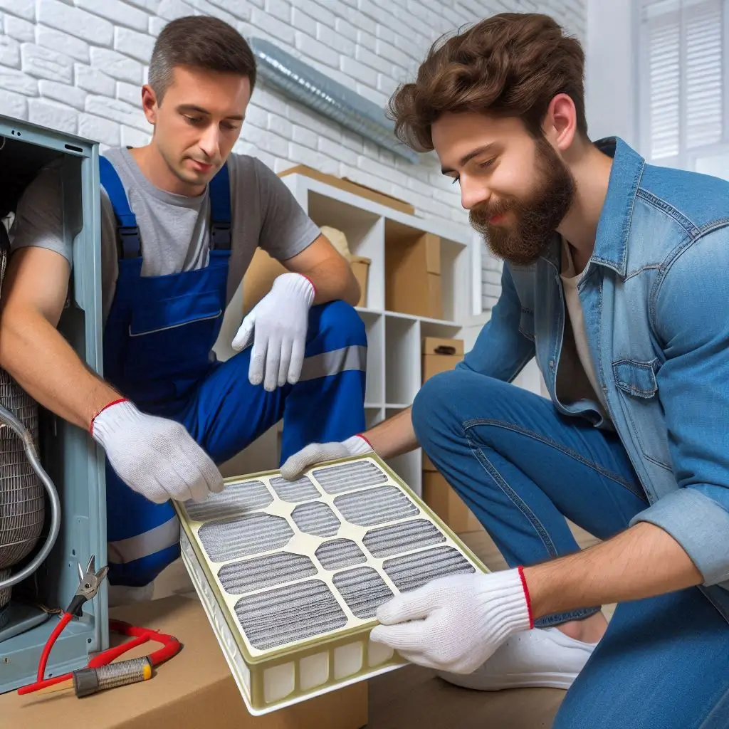 A homeowner replacing an HVAC air filter while an HVAC professional performs a more complex repair on the system.