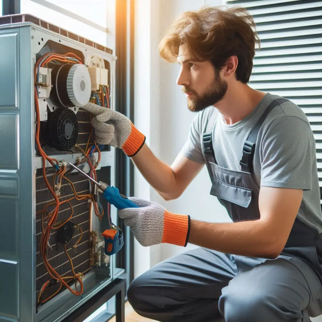 "An HVAC technician inspecting the evaporator coil and blower motor of an air conditioning unit during a professional tune-up to ensure optimal performance."