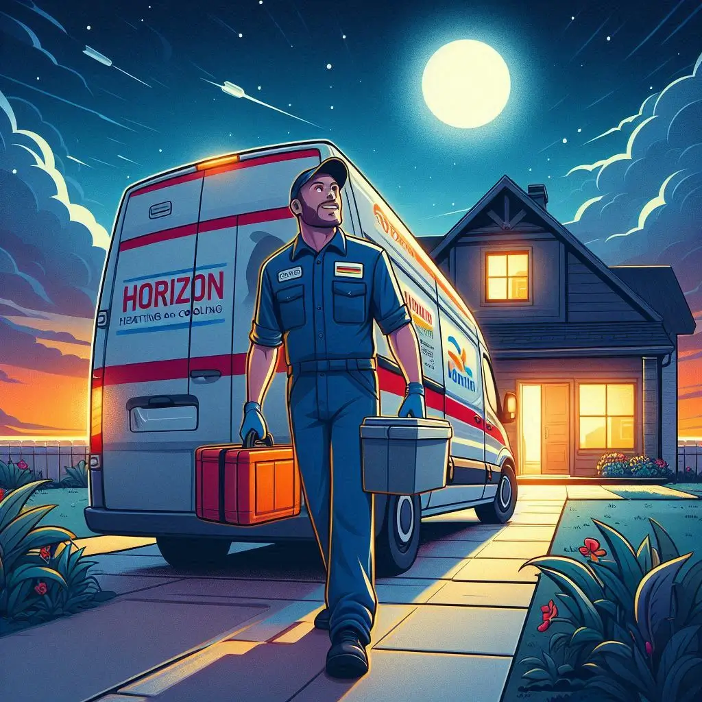 "A Horizon Heating and Cooling technician arriving at a customer’s home at night to handle an emergency HVAC repair, showcasing dedication and urgency."