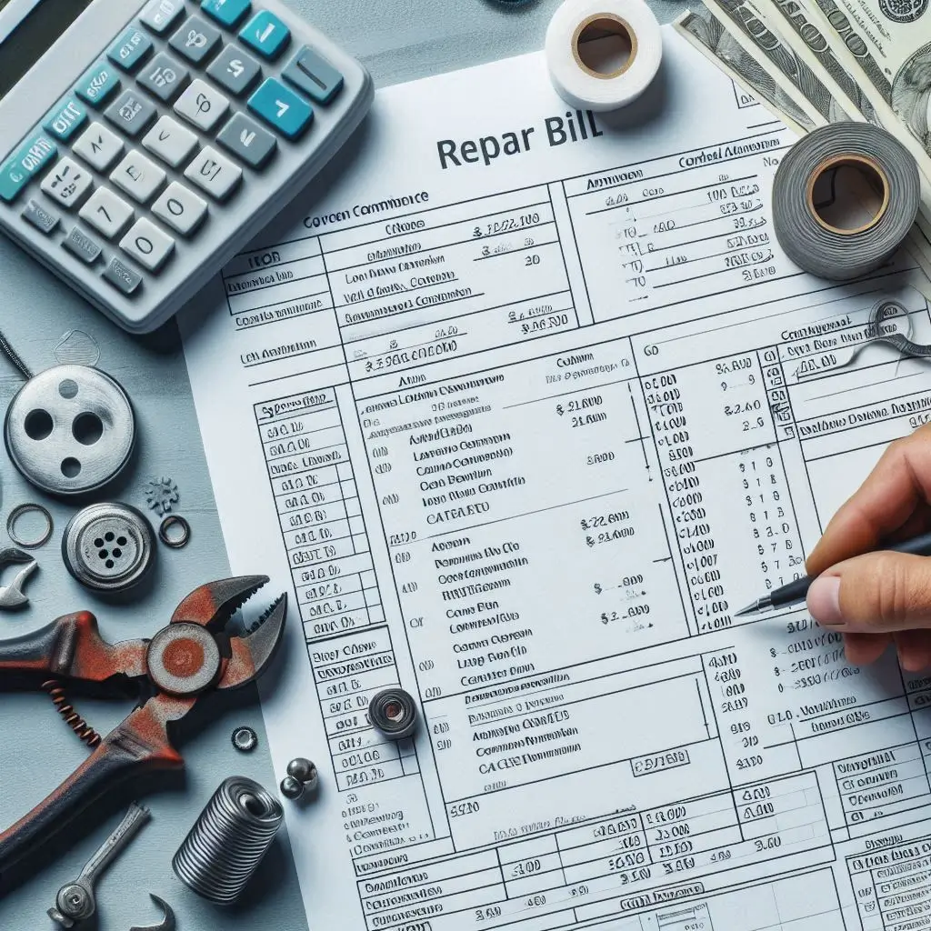 A detailed repair bill showing the cost breakdown for a central air conditioner repair, including labor, parts, and service fees.