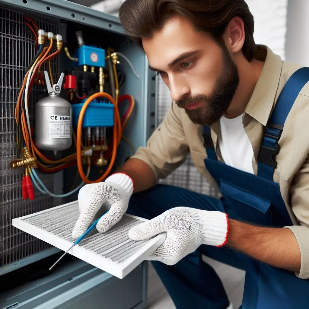 A technician performing AC maintenance, cleaning an air filter and inspecting refrigerant levels. The image should emphasize attention to detail and professional service.