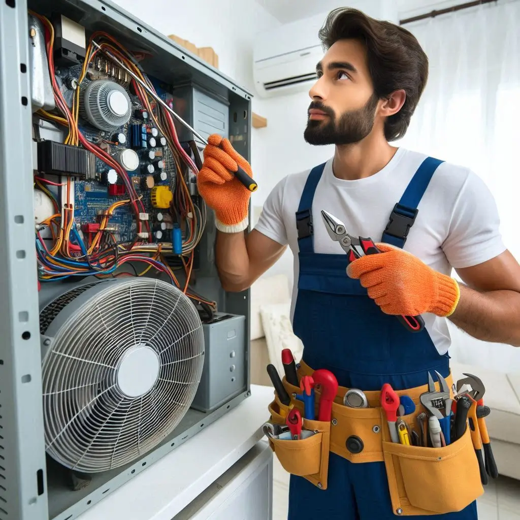 "An HVAC technician performing a professional tune-up, showing the tools and expertise required for complex tasks that go beyond DIY maintenance."