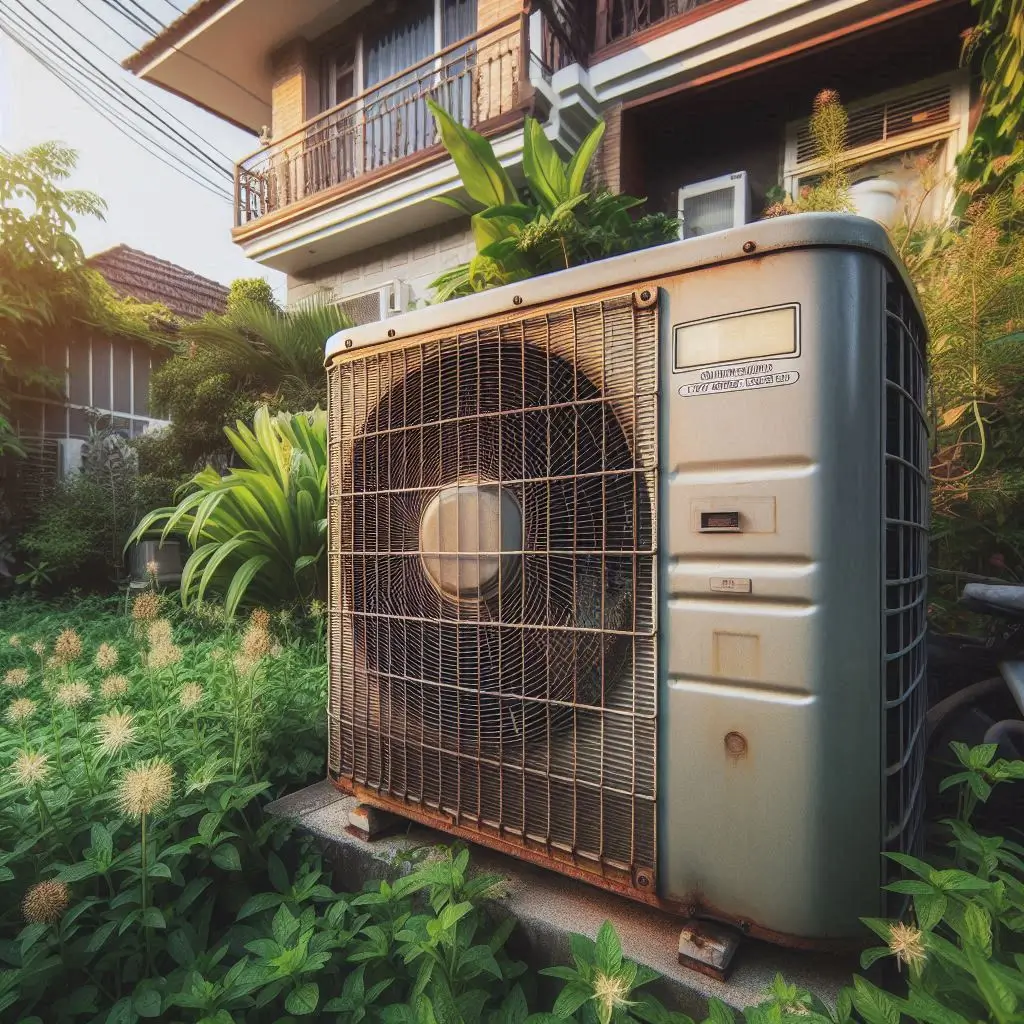 "A close-up image of an old air conditioning unit with visible rust and wear, with an overgrown garden in the background. Show the AC unit in a residential setting to represent an aging system."