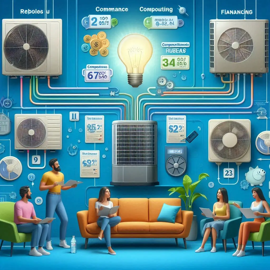 A visual showing a comparison of HVAC companies offering multiple quotes, with a list of available rebates and financing options.