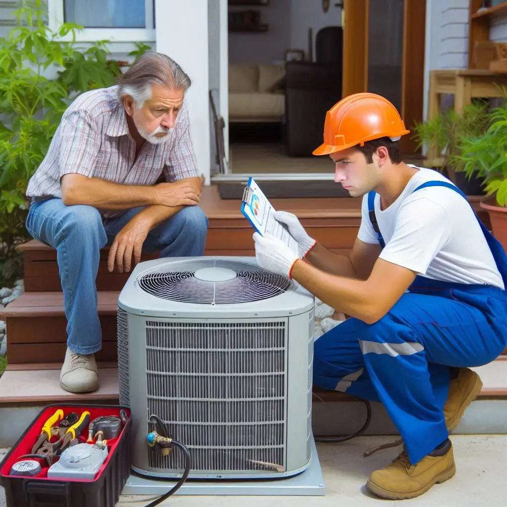 A professional HVAC technician repairing an outdoor AC unit while a concerned homeowner looks on.]