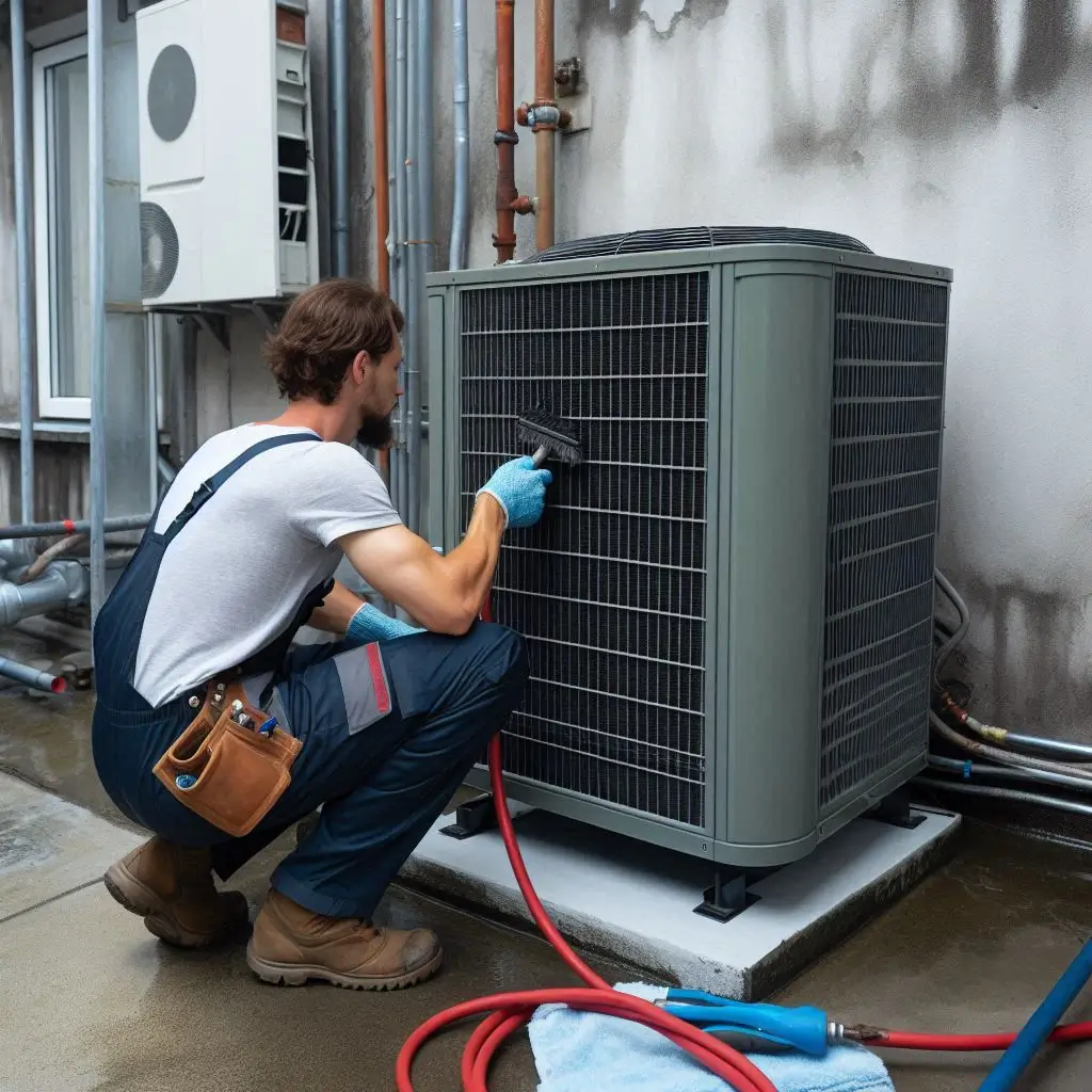 "An HVAC technician cleaning the outdoor AC condenser unit, ensuring peak performance and maximum efficiency by removing dirt and debris."