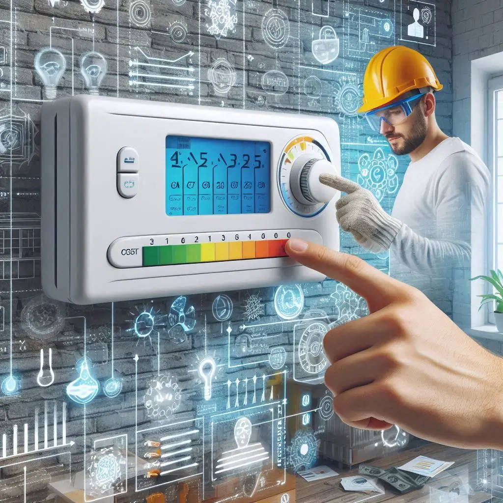 "A technician adjusting the thermostat settings of an energy-efficient air conditioning system, showing a balance of cost and efficiency."
