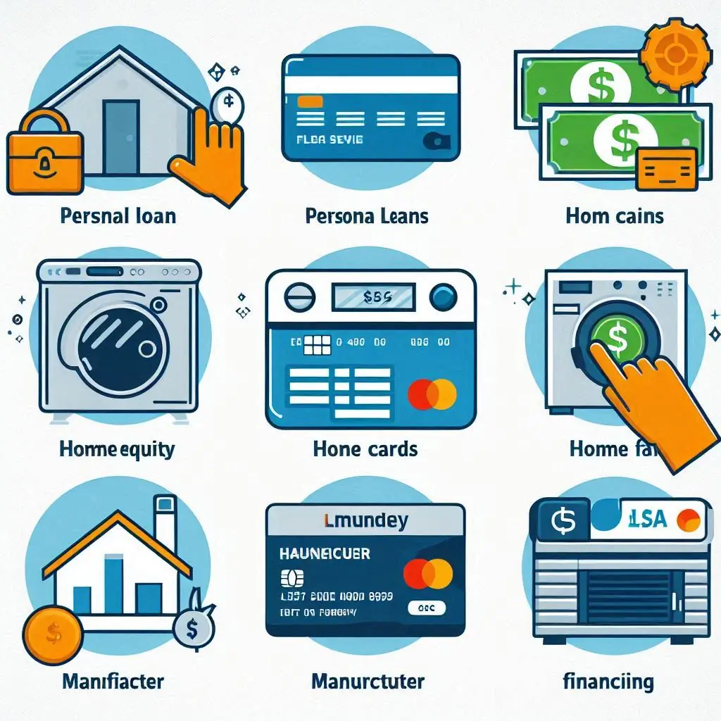 "An image showing different financing options for HVAC systems, with icons representing personal loans, credit cards, home equity loans, and manufacturer financing."