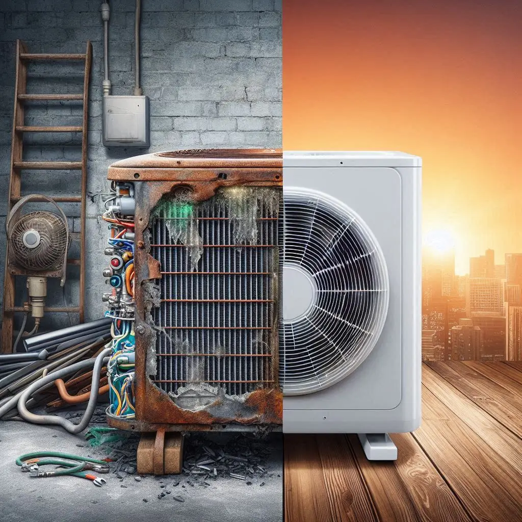 A side-by-side comparison image of an old, rusted AC unit next to a brand-new, modern energy-efficient air conditioner, emphasizing the benefits of upgrading.