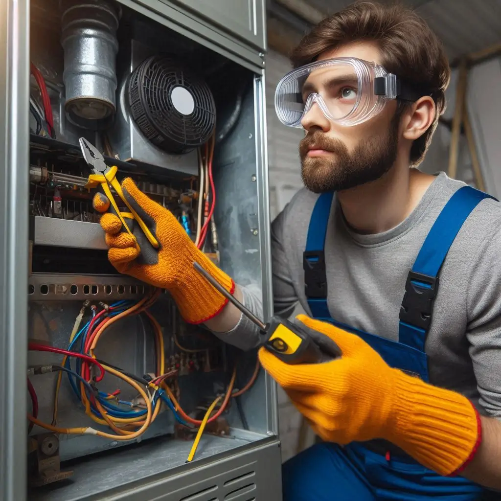 A professional HVAC technician using tools to inspect a furnace while wearing safety gear, looking for potential mechanical issues.
