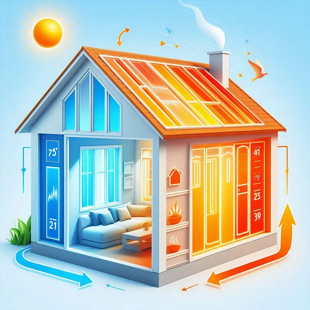 A graphic showing solar heat gain in a home with windows, sunlight angles, and insulation materials affecting cooling efficiency.