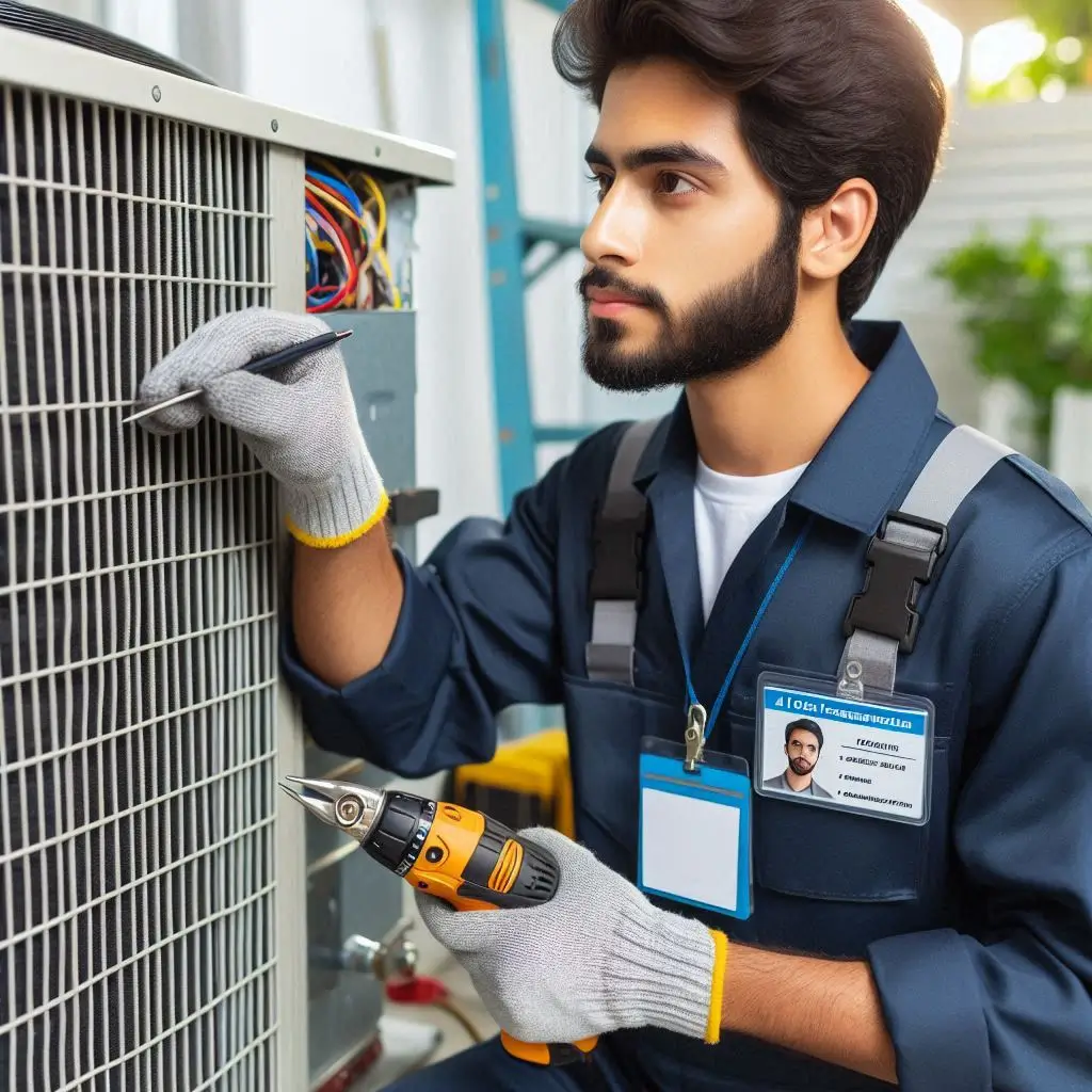 A licensed HVAC technician wearing a uniform and an ID badge, inspecting an air conditioning unit with professional tools.