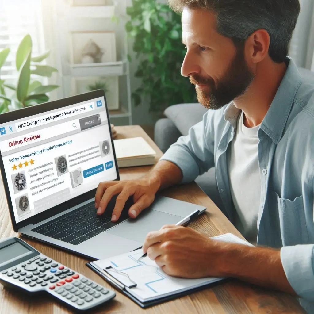 A homeowner sitting at a desk, looking at online reviews on a laptop screen while considering HVAC replacement services.