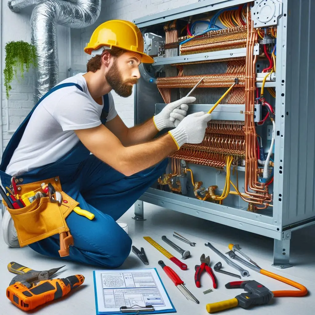 Image of an HVAC professional working on the installation of a new system, highlighting proper techniques and tools used in the process.