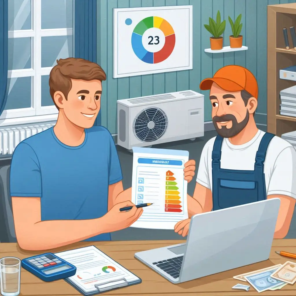 "A homeowner reviewing their reduced energy bill, while an HVAC technician explains how regular maintenance has improved the system’s efficiency, leading to savings on utility costs."