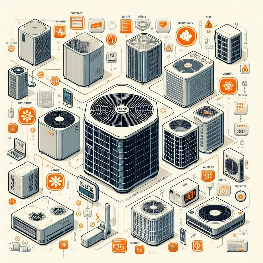 Image showing various HVAC units of different sizes with labels indicating factors that affect costs such as efficiency, brand, and installation complexity.